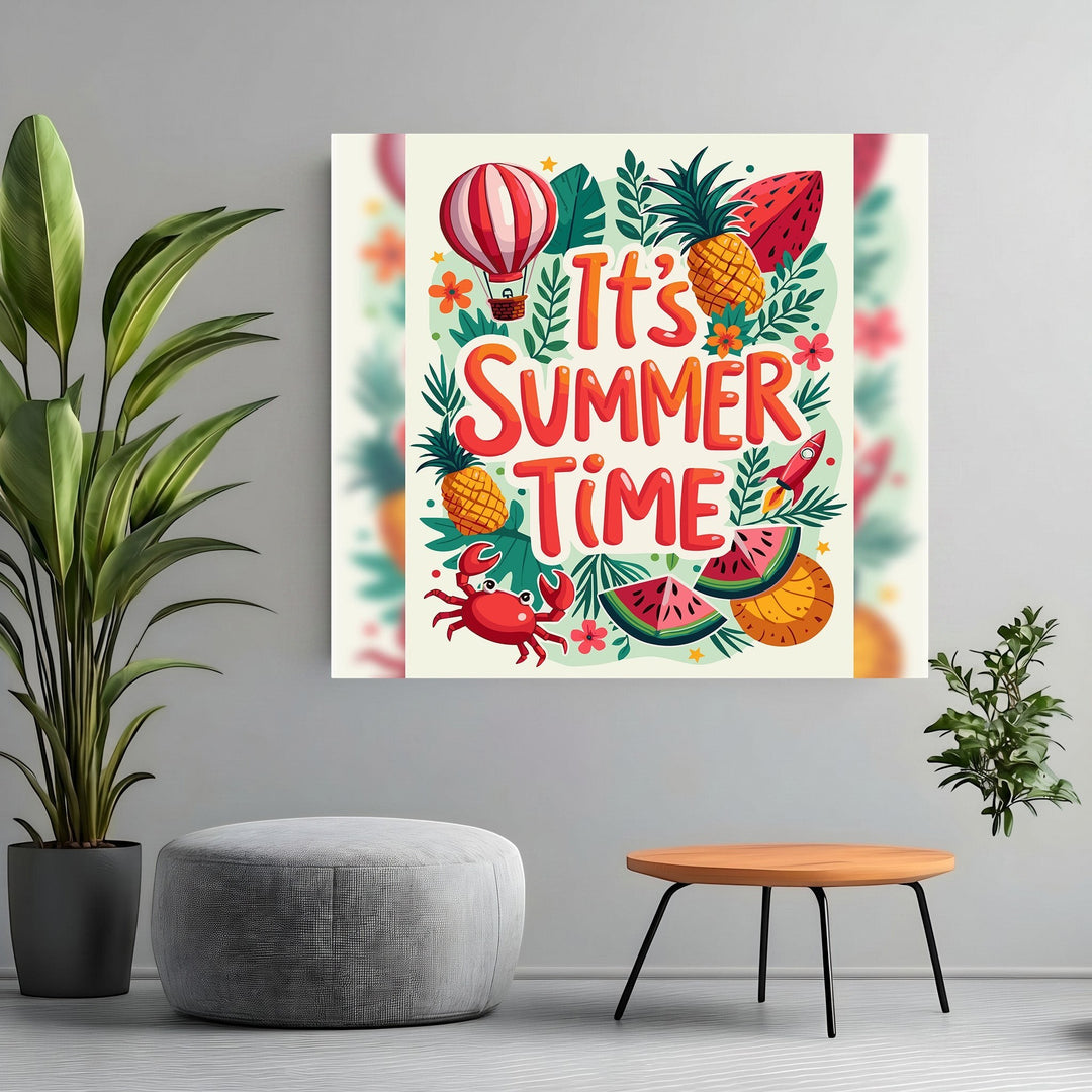 Wadi Home summer themed wall art print featuring pineapple, watermelon, and crab illustrations in a living room.