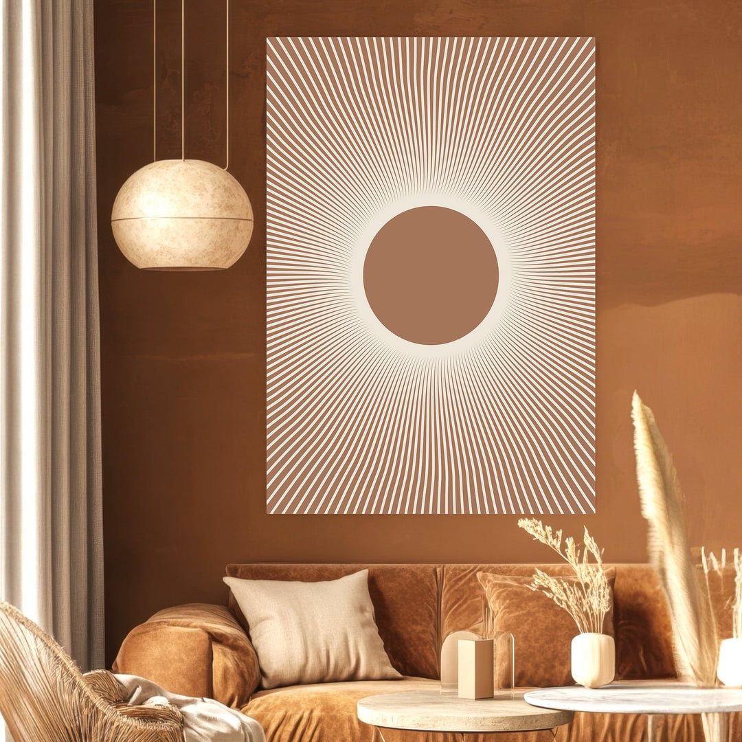 Wadi Home minimalist sunburst abstract wall art print featuring earthy brown tones in a modern living room setting.