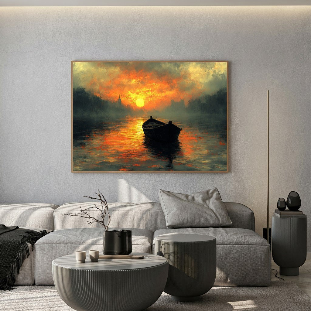 Wadi Home sunset boat landscape wall art print featuring fiery orange and gold tones hanging in a modern living room.