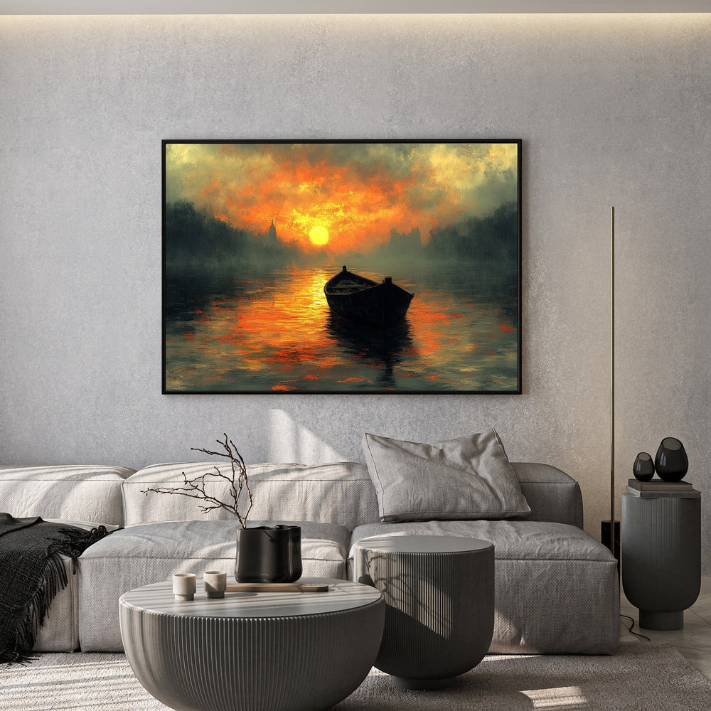 Wadi Home sunset boat landscape wall art print featuring fiery orange and gold hues hanging in a modern living room.