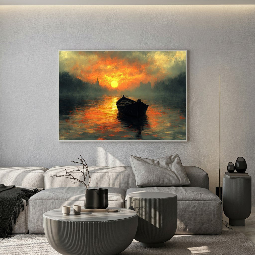Wadi Home sunset boat landscape art print featuring fiery orange and gold tones hanging above a modern grey sofa.