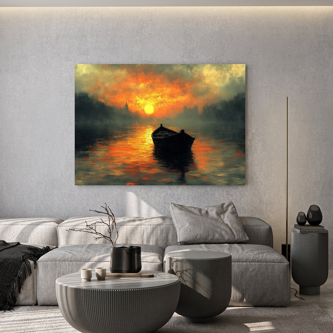 Wadi Home sunset boat landscape wall art print featuring fiery orange and gold tones hanging above a grey sofa.
