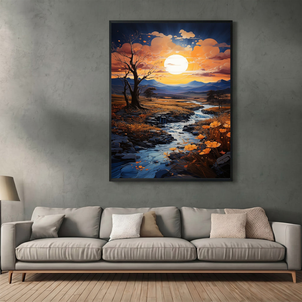 Wadi Home landscape wall art print featuring a sunset over a winding stream and hills, displayed above a grey sofa.