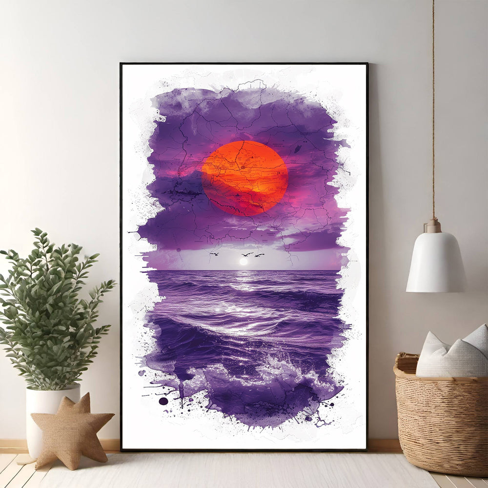 Wadi Home framed wall art of a dramatic sunset over a purple ocean with birds flying.