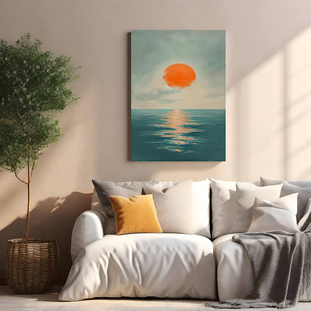 Wadi Home Serene Sunset Over Ocean Wall Art, featuring a vibrant orange sun setting over calm blue waters with reflections.