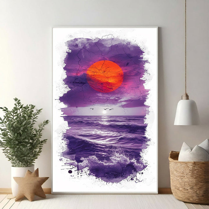 Wadi Home framed wall art of a dramatic sunset over a purple ocean with abstract paint splatters.