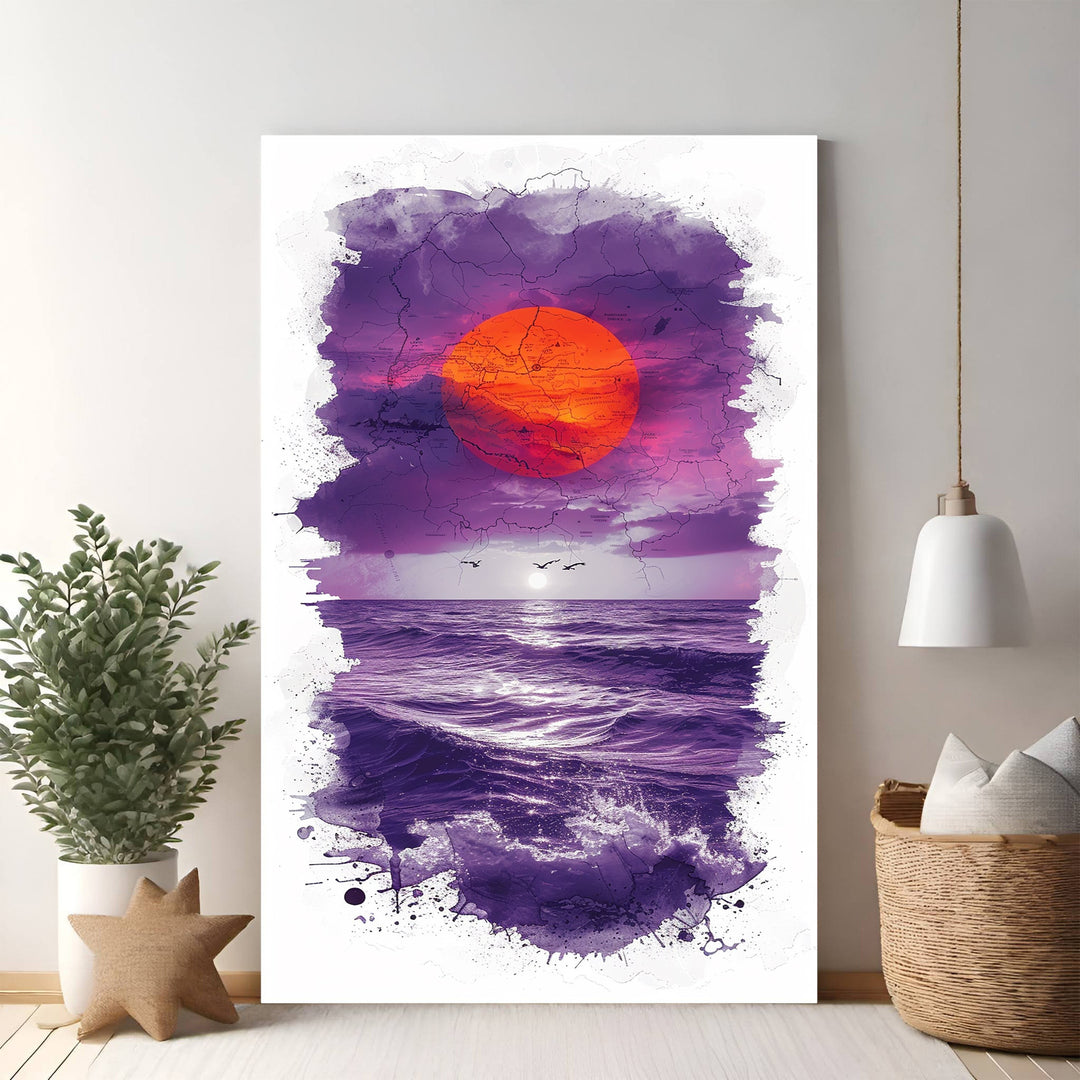 Wadi Home dramatic sunset wall art featuring a vibrant orange sun over a purple ocean with birds flying.
