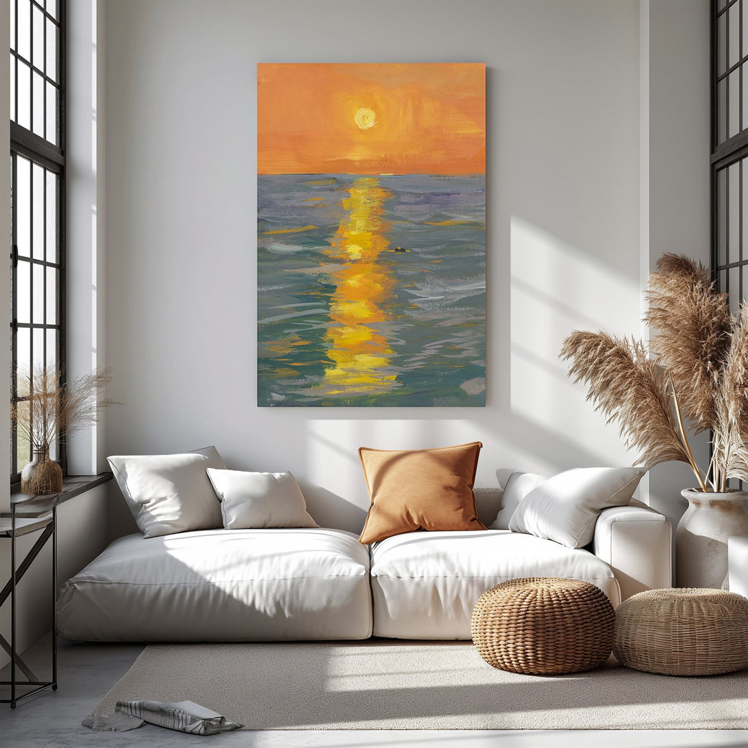 Wadi Home canvas wall art depicting an impressionistic sunset over water with vibrant orange, yellow, and blue hues.