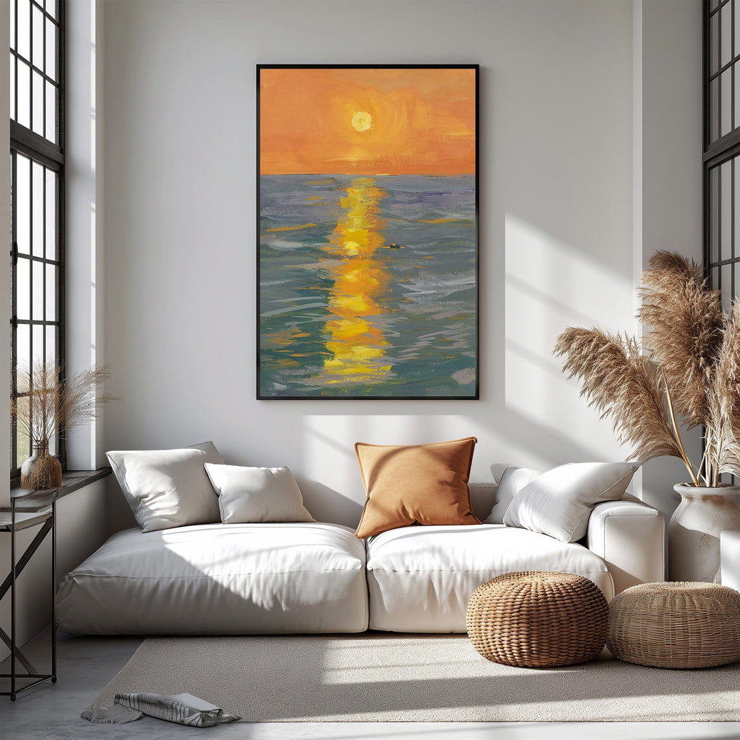 Wadi Home canvas wall art depicting an impressionistic sunset over water with vibrant orange, yellow, and blue hues.