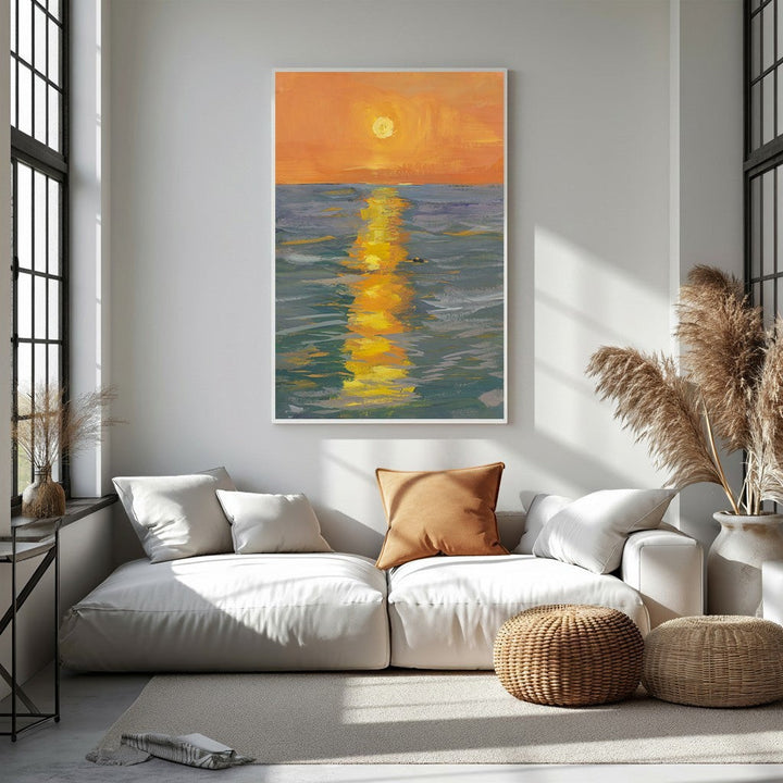 Wadi Home impressionistic canvas wall art depicting a vibrant orange sunset over blue and green water with a golden reflection.