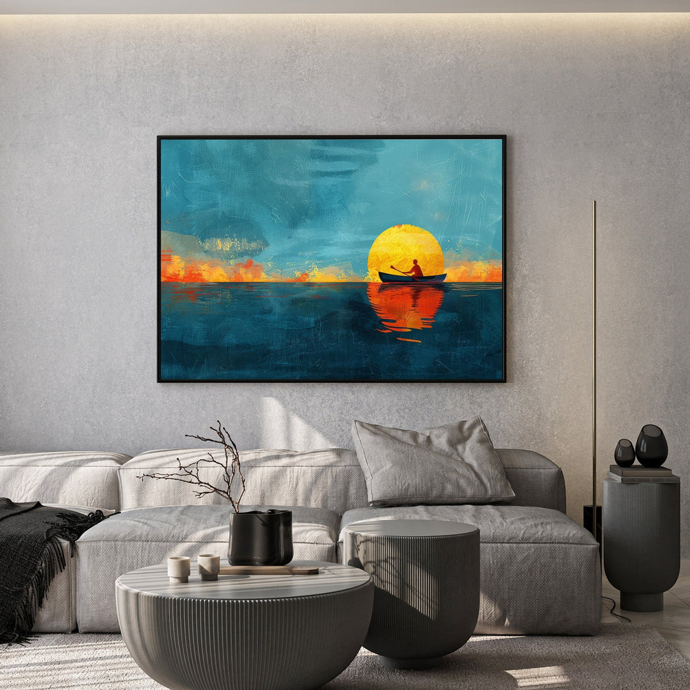 Wadi Home canvas wall art depicting a lone figure in a boat against a vibrant sunset over blue water.
