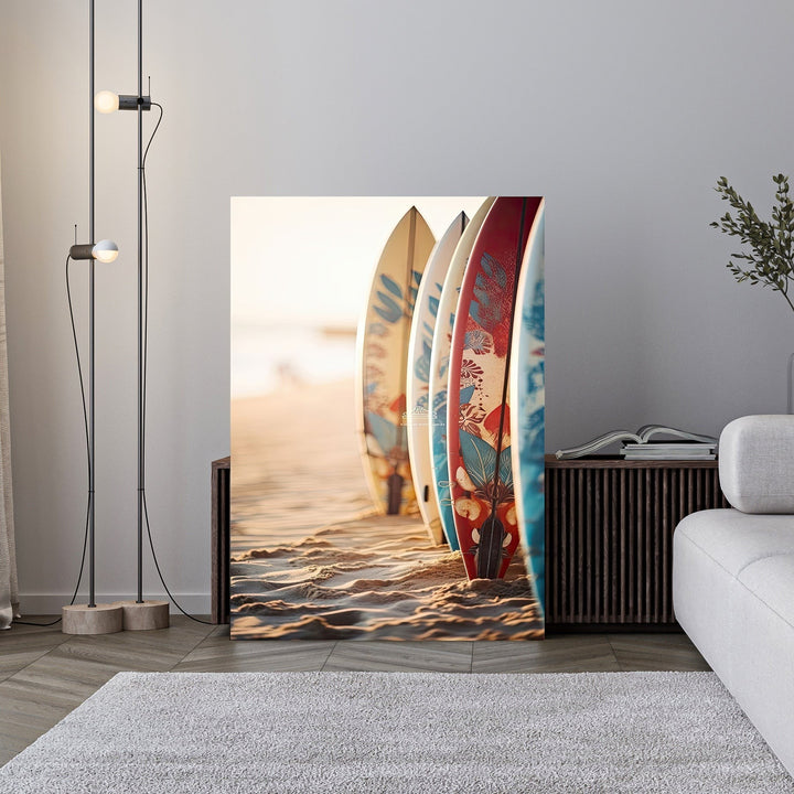 Wadi Home colorful surfboards lined up on a sandy beach at sunset, coastal wall art.