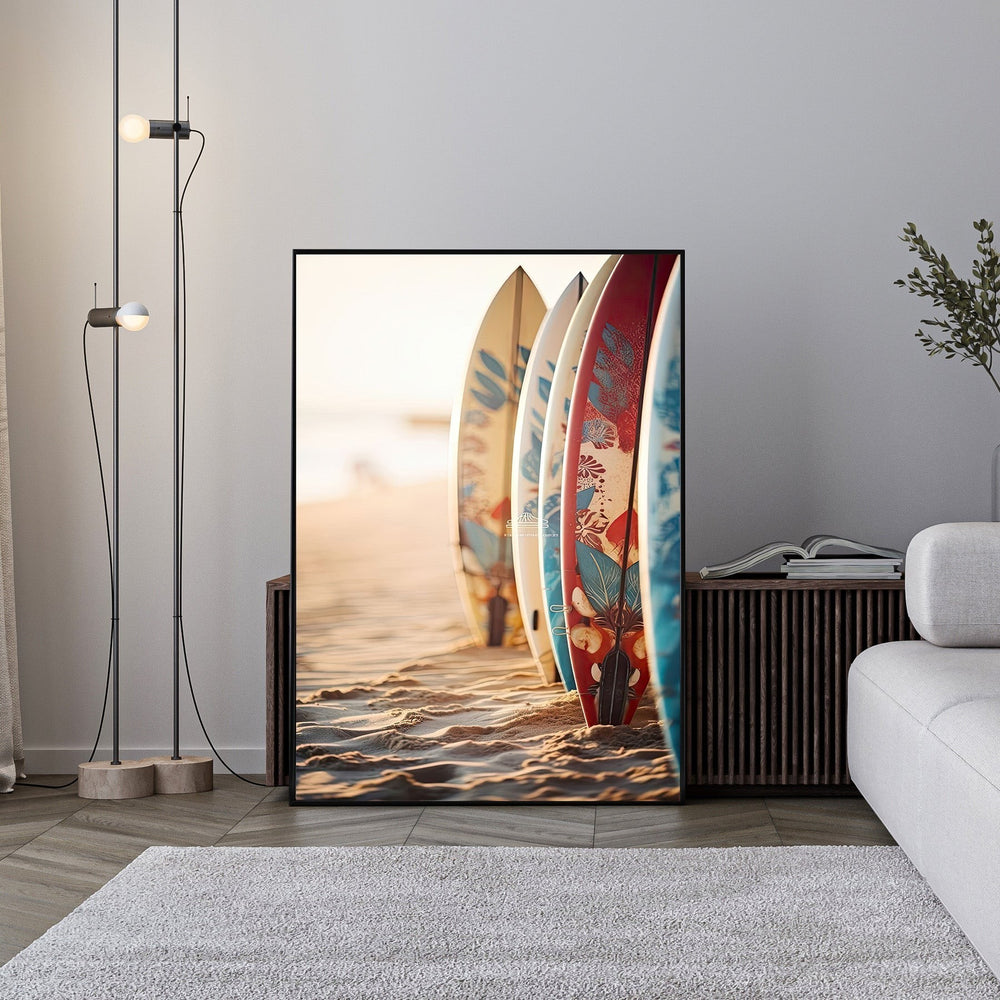 Wadi Home wall art featuring colorful surfboards lined up on a sandy beach at sunset.