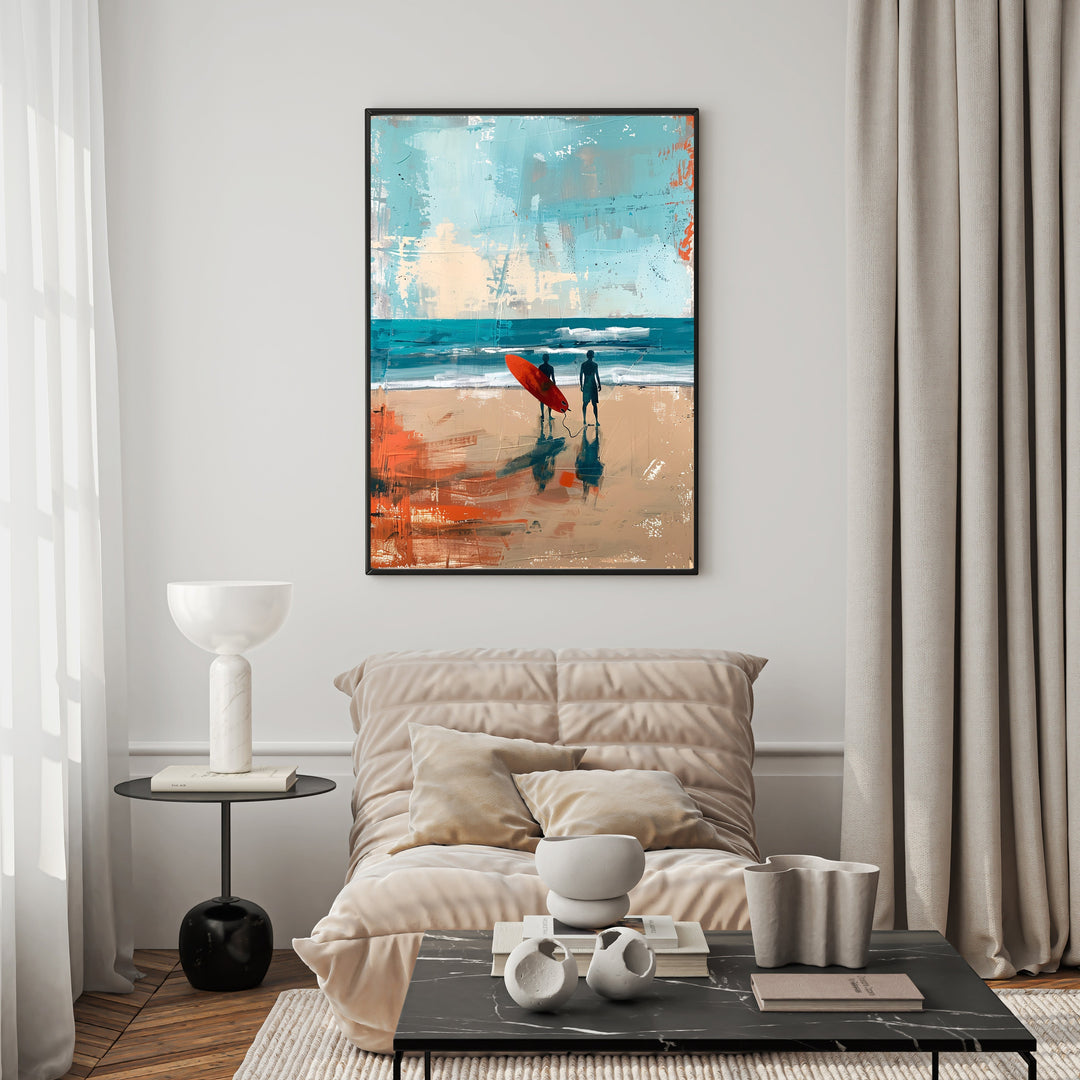 Wadi Home abstract art of two surfers with a red surfboard on a beach, featuring blues, beiges, and orange accents.