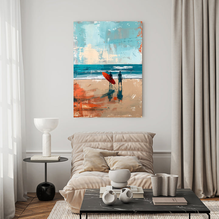 Wadi Home abstract art of two surfers on a beach, one with a red surfboard, in blues, beiges, and orange.