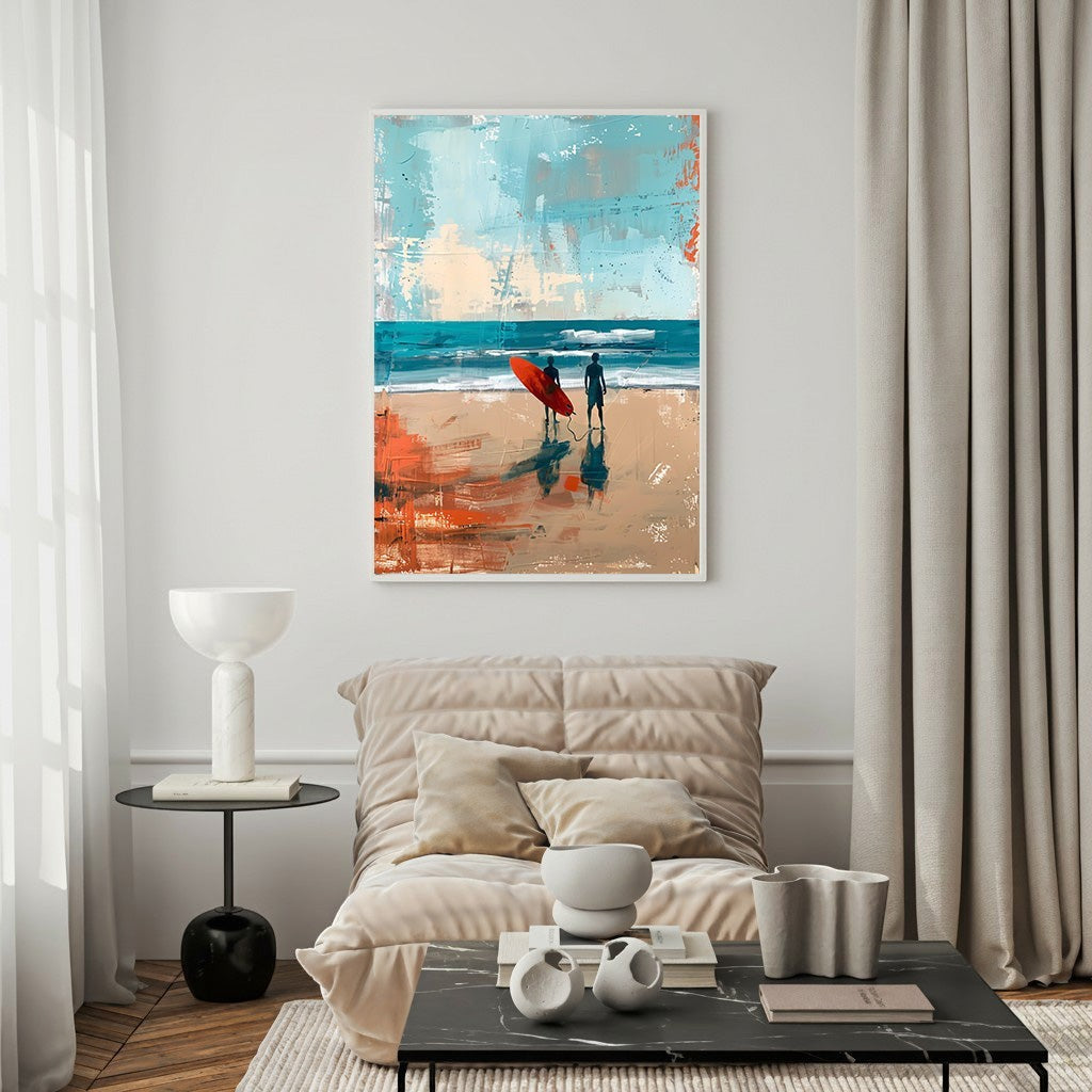 Wadi Home abstract art print of two surfers with a red surfboard on a beach, featuring blues, sandy beige, and orange.