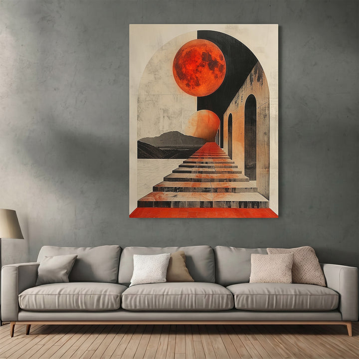 Wadi Home surreal architectural wall art print featuring a red celestial orb and infinite staircase in a living room.