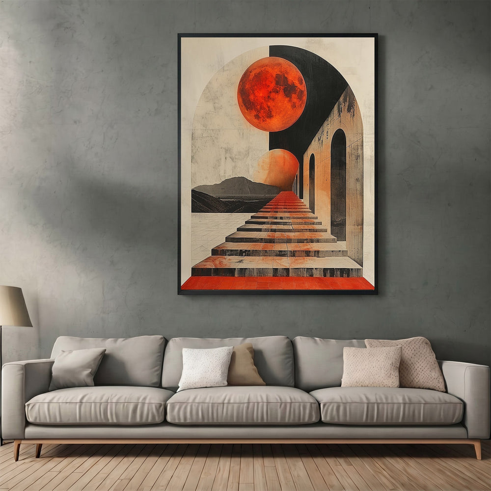 Wadi Home surreal architectural wall art print featuring a red celestial orb and infinite staircase above a sofa.