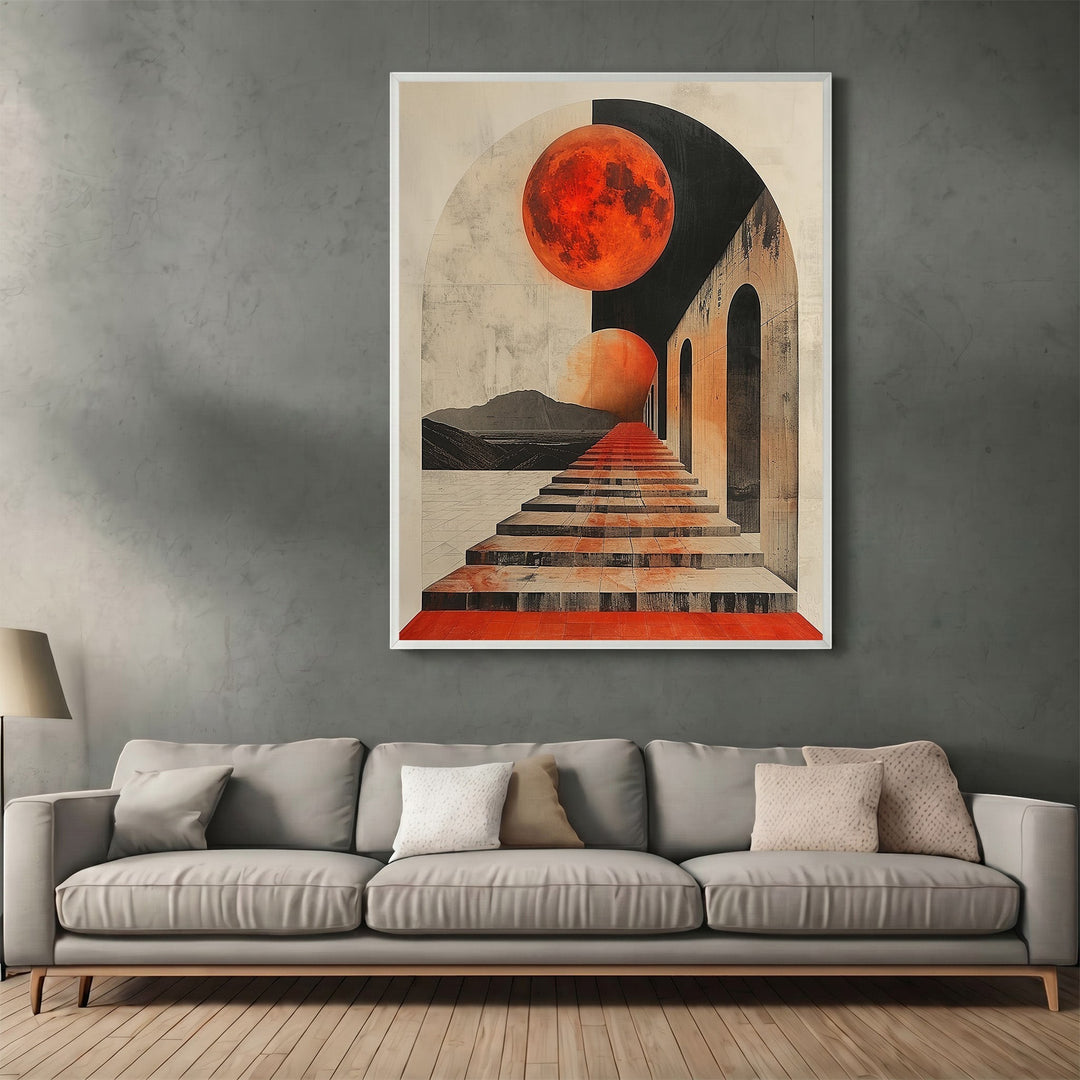Wadi Home surreal architectural wall art print featuring a red moon, infinite staircase, and geometric arches.