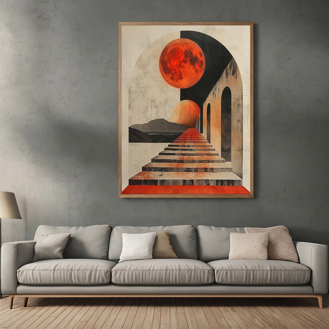 Wadi Home surreal architectural wall art print featuring a red moon, infinite staircase, and black and cream tones.