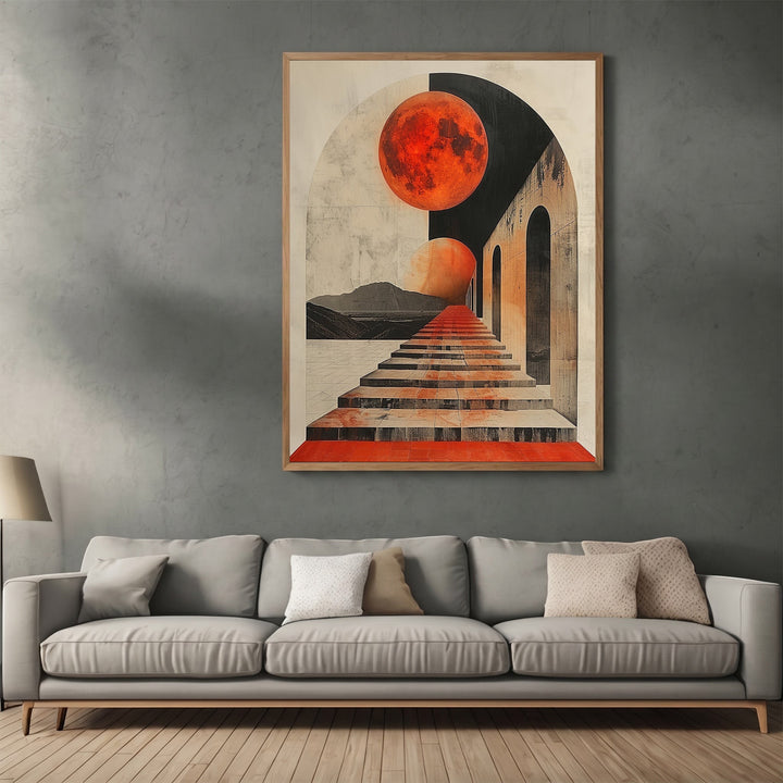 Wadi Home surreal architectural wall art print featuring a red moon, infinite staircase, and black and cream tones.