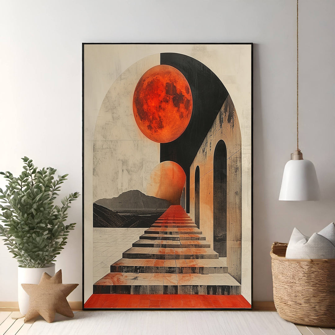 Wadi Home surreal archway print with red moon and vanishing stairs, abstract art for modern decor.