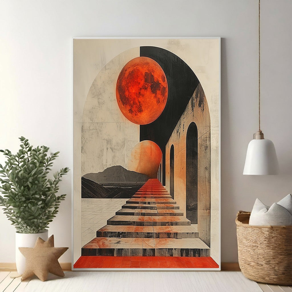 Wadi Home surreal archway print with red moon and stairs, abstract architectural art.