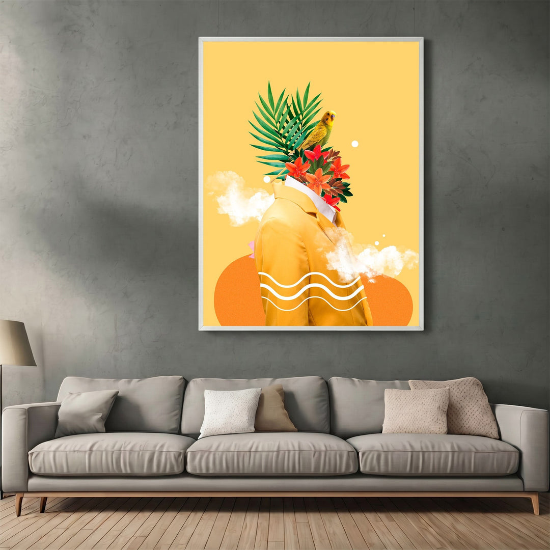 Wadi Home surreal botanical portrait wall art featuring a figure with tropical flowers and a bird on a yellow background