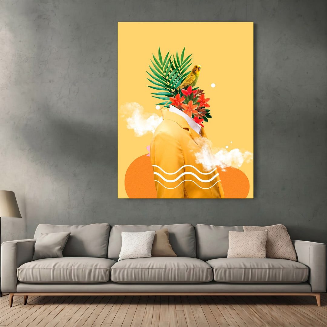 Wadi Home surreal botanical portrait wall art featuring a figure with tropical flowers and a bird on a yellow background