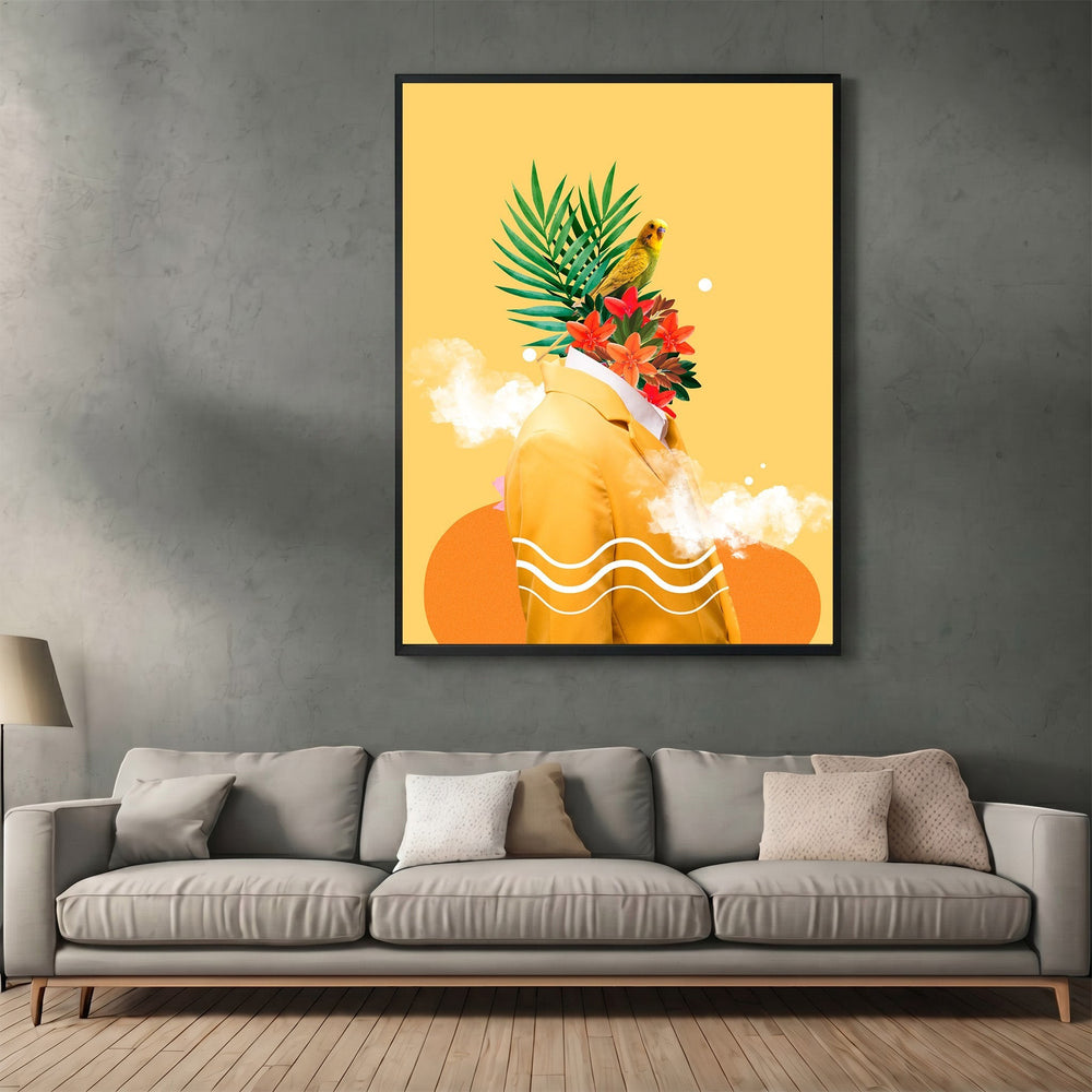 Wadi Home surreal botanical portrait wall art featuring a figure with tropical flowers and a bird on a yellow background.