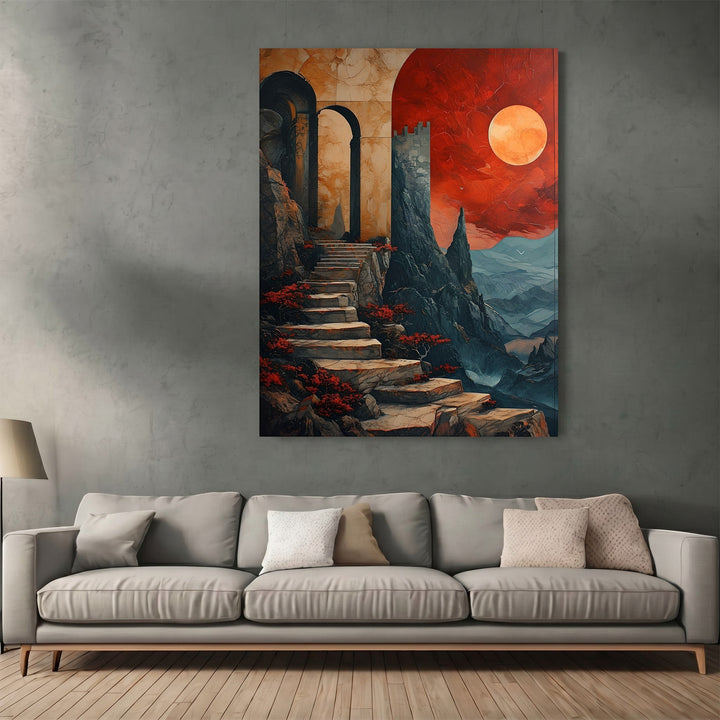 Wadi Home surreal fantasy landscape wall art print featuring stone stairs, a fortress, and a large crimson moon.