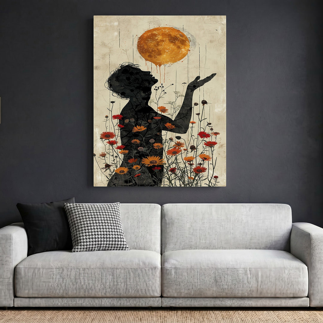 Wadi Home surreal silhouette floral wall art print featuring a golden sun orb above a figure in a modern living room