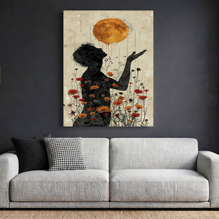 Wadi Home surreal silhouette floral wall art print featuring a golden sun orb above a figure in a modern living room