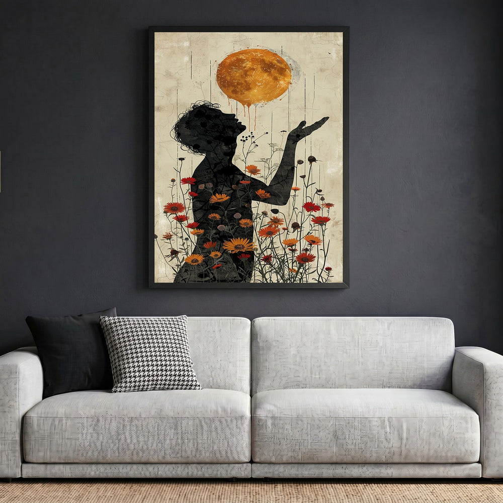 Wadi Home surreal floral silhouette wall art print featuring a golden sun orb and wildflowers in a black frame.