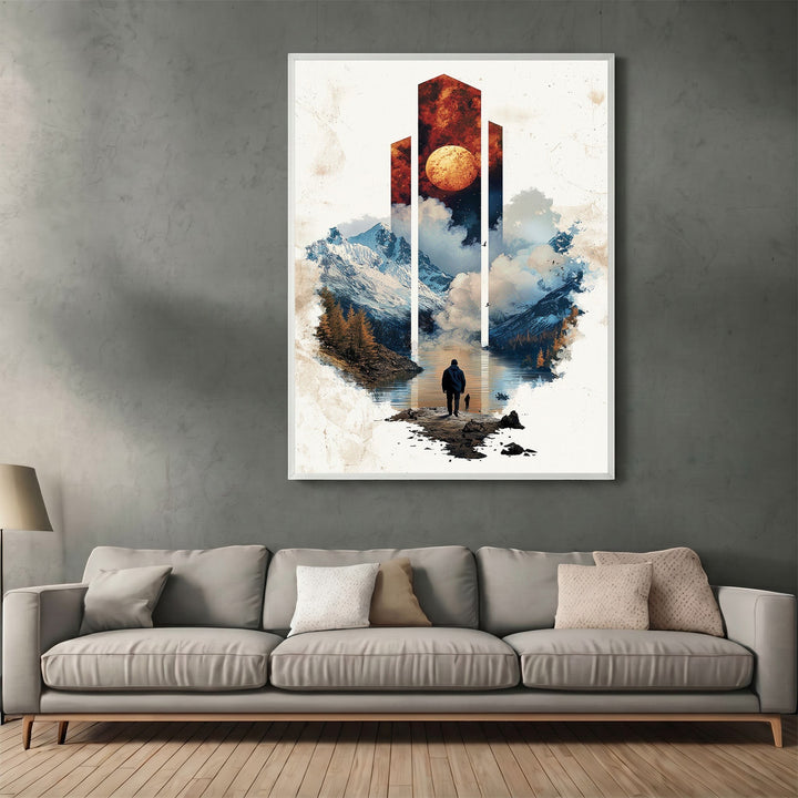 Wadi Home surreal landscape wall art print featuring a lone traveler by a mountain lake under a cosmic moon sky.