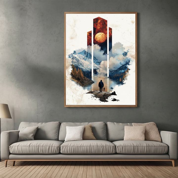 Wadi Home surreal landscape art print featuring a mountain lake, lone traveler, and cosmic sky in a modern living room.