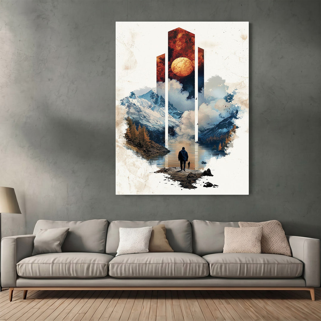 Wadi Home surreal landscape wall art print featuring a traveler by a mountain lake under a cosmic sky in a living room