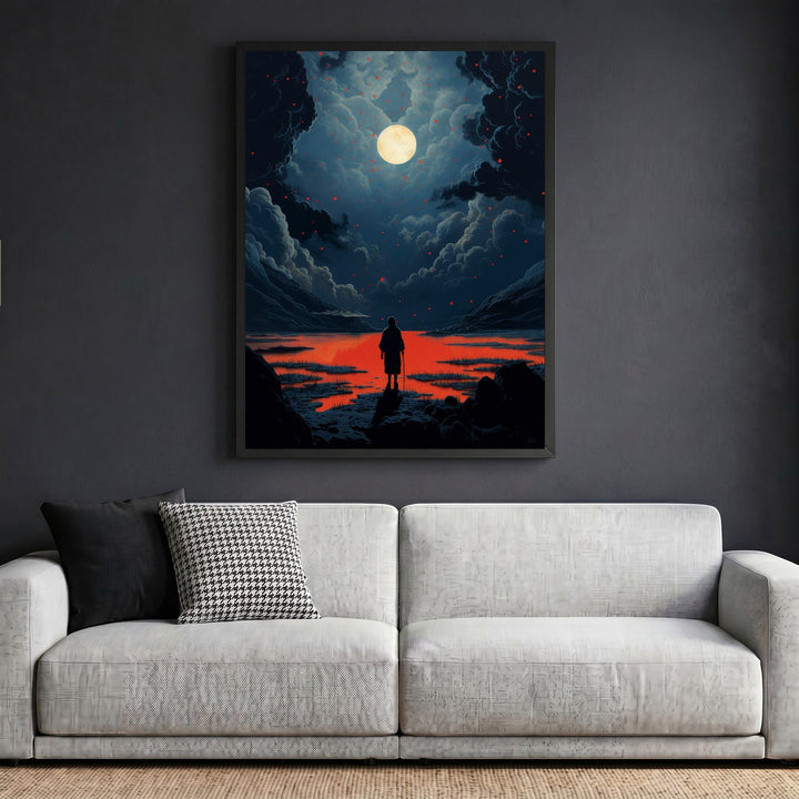 Wadi Home framed surreal landscape art print featuring a lone figure under a moonlit sky with blue and red tones.