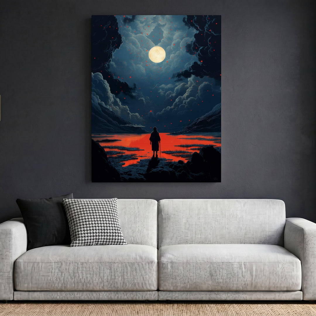 Wadi Home framed surreal landscape wall art featuring a lone figure under a moonlit sky with blue and red accents.