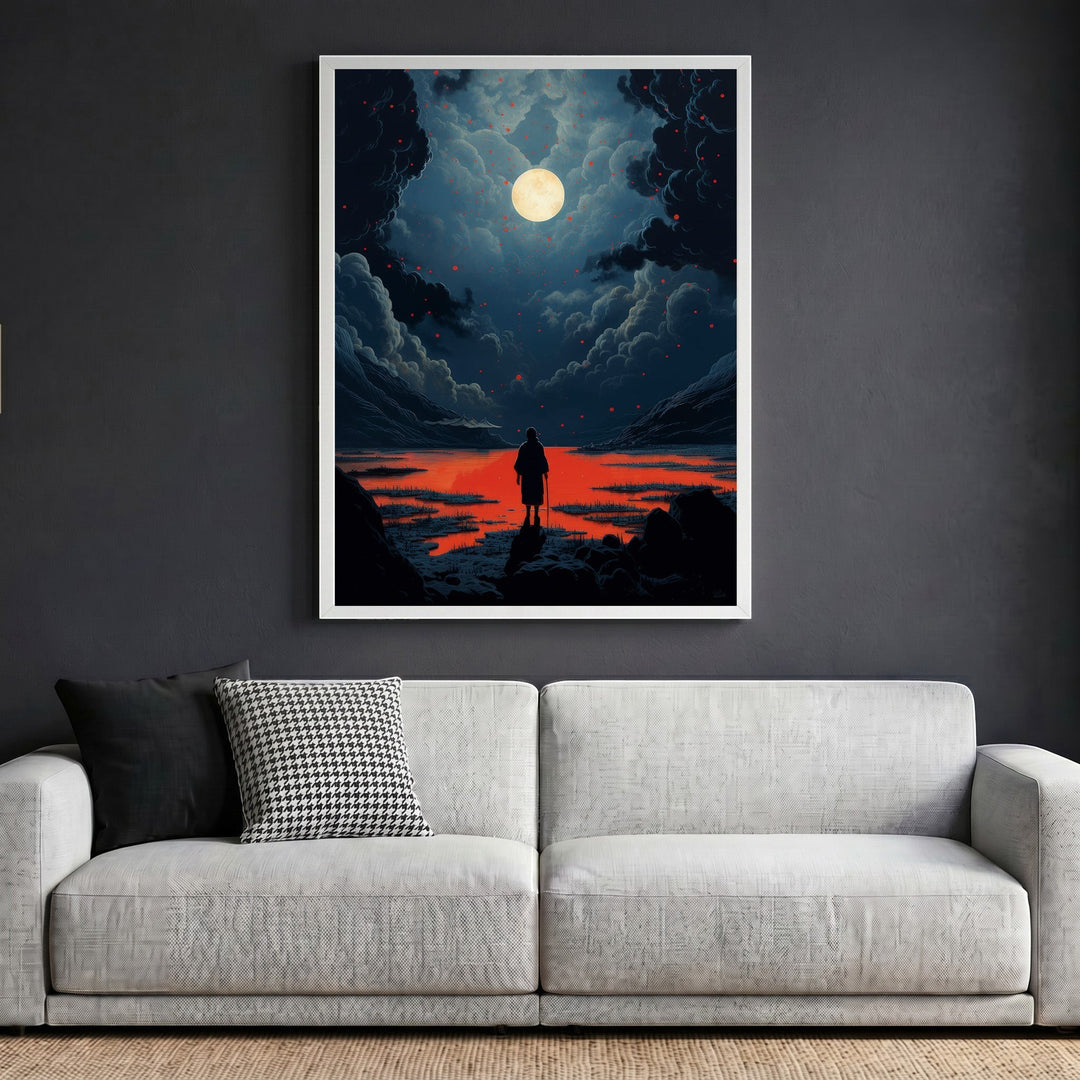 Wadi Home framed surreal landscape art print featuring a lone figure under a glowing moon with blue and red tones.