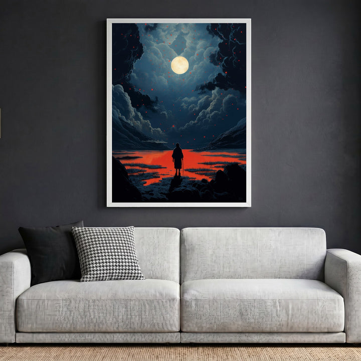 Wadi Home framed surreal landscape art print featuring a lone figure under a glowing moon with blue and red tones.