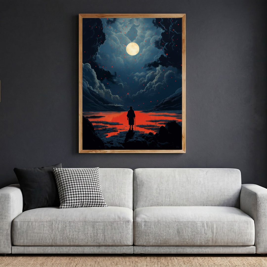 Wadi Home framed surreal landscape art print featuring a lone figure under a moonlit sky with blue and red tones.