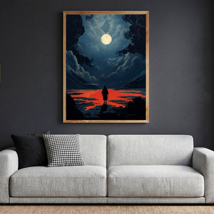 Wadi Home framed surreal landscape art print featuring a lone figure under a moonlit sky with blue and red tones.