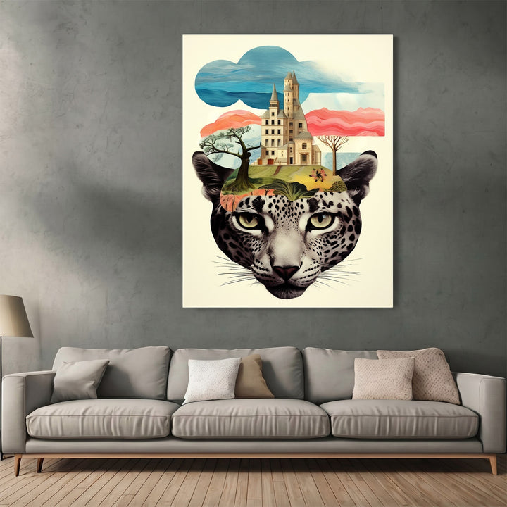 Wadi Home surreal wall art print featuring a snow leopard head with a fairytale castle landscape on its crown.