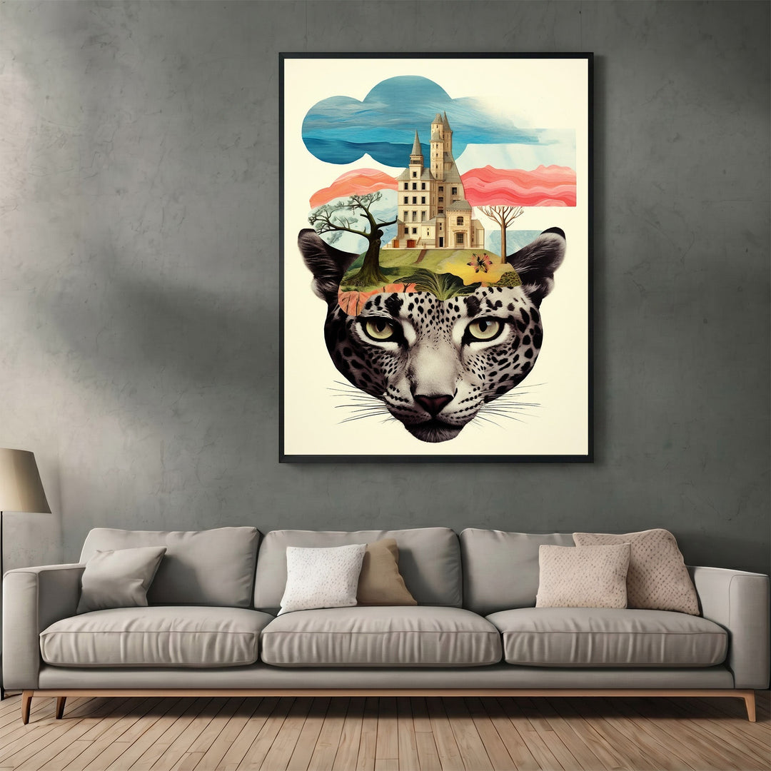 Wadi Home surreal leopard castle wall art print featuring a fantasy landscape on a leopard head in a modern living room