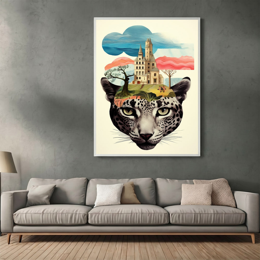 Wadi Home surreal leopard castle wall art print featuring a fantasy landscape on a grey living room wall