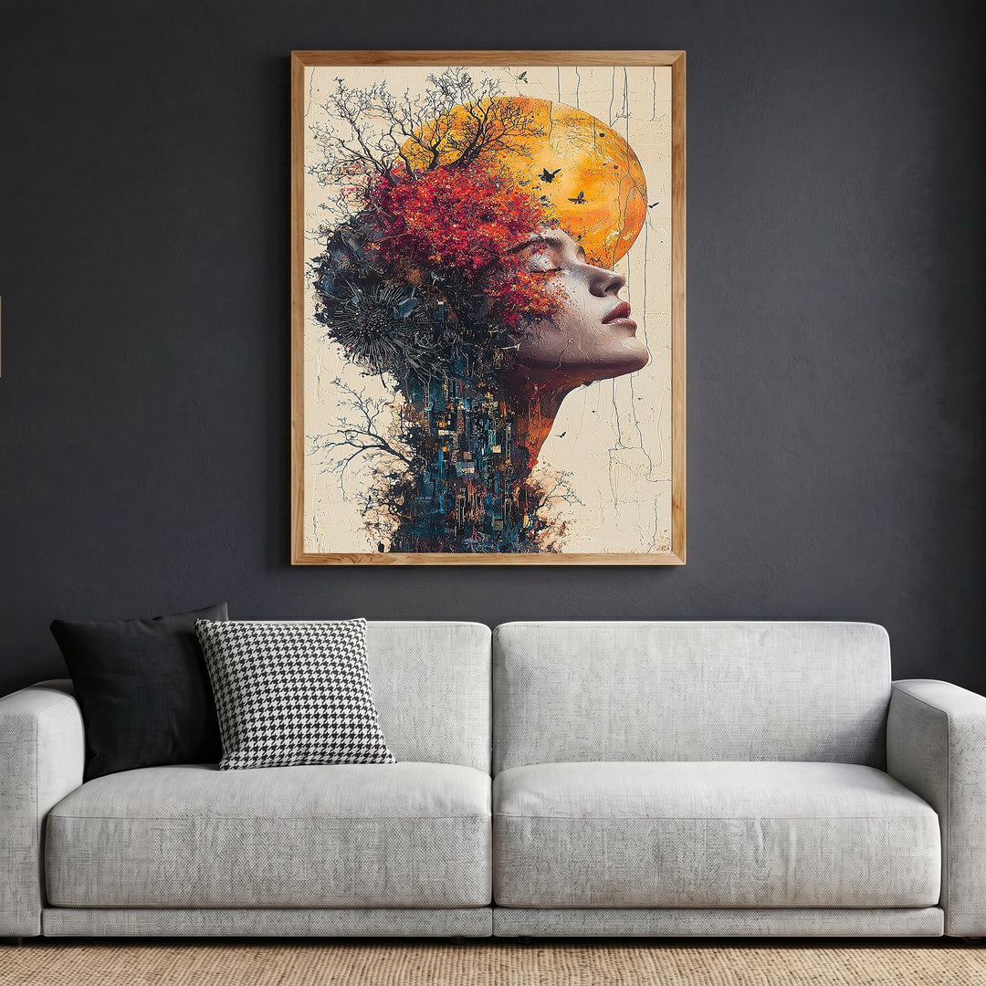 Wadi Home surreal portrait wall art print featuring a woman with a dreamlike landscape, orange sun, and birds in a frame