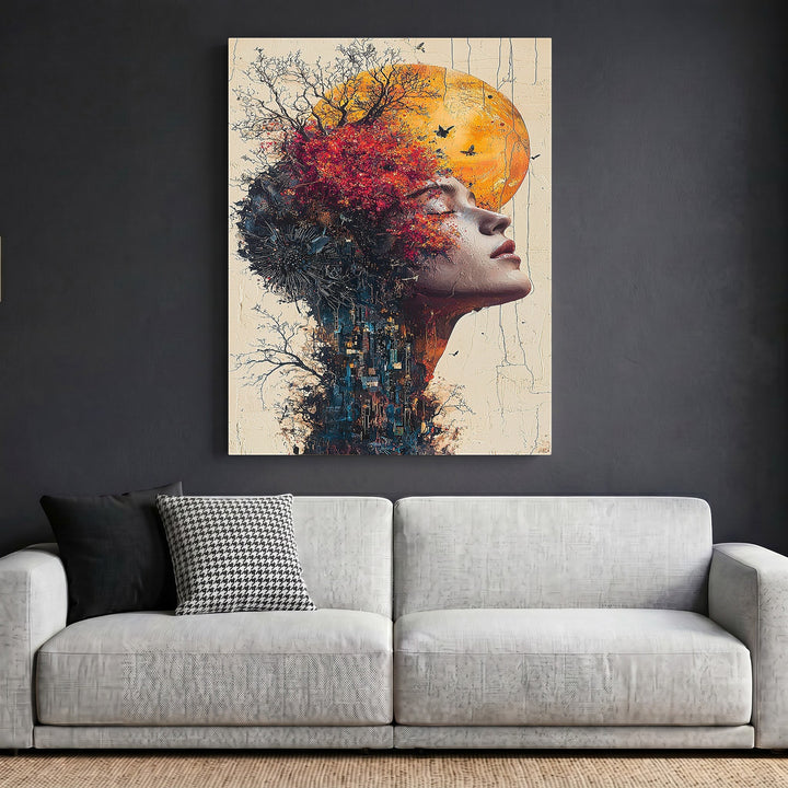 Wadi Home surreal portrait wall art print featuring a woman with a dreamlike landscape, orange sun, and textured neutrals.