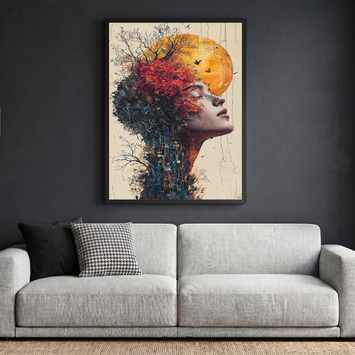 Wadi Home surreal portrait wall art print featuring a woman with a dreamlike landscape, vibrant orange and red tones.