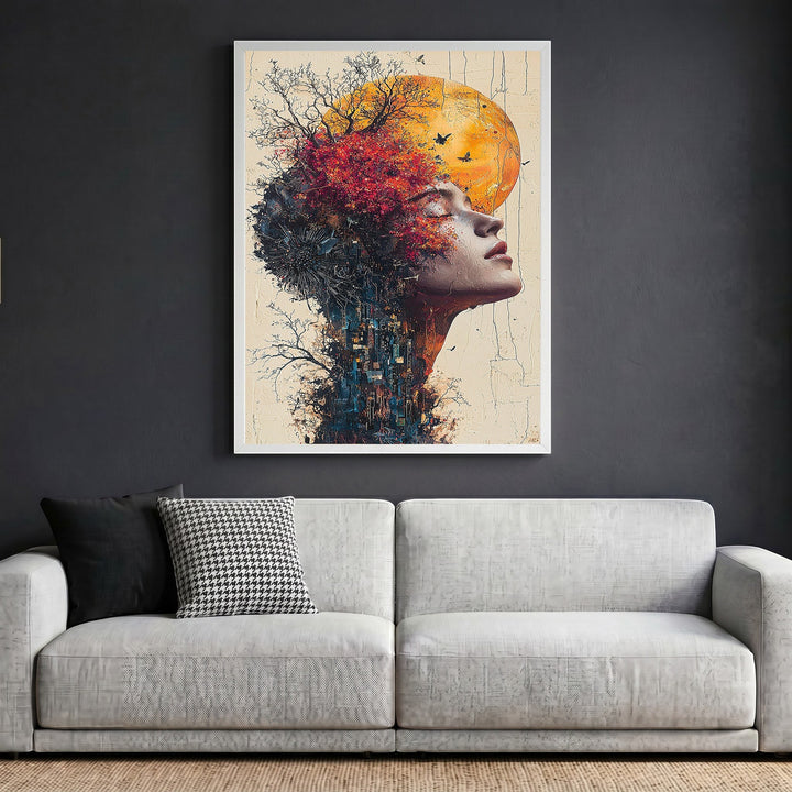 Wadi Home surreal portrait wall art print featuring a dreamlike human profile with trees and birds in orange and red.